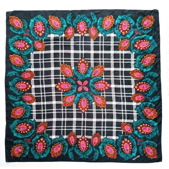 Diane Von Furstenberg Silk Scarf Blk w Bright Medallion Print Signed 42" Square - Picture 1 of 6